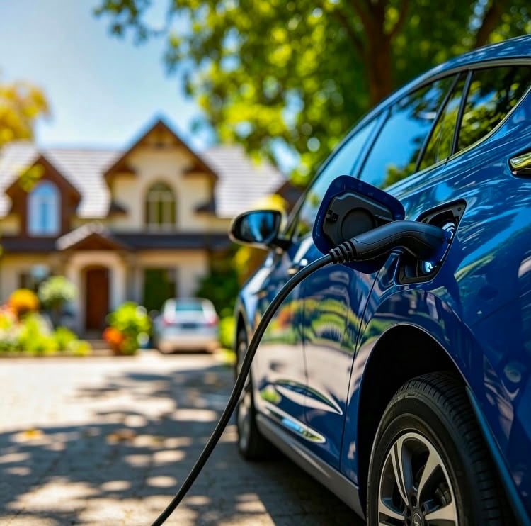 Electric car charging on a driveway