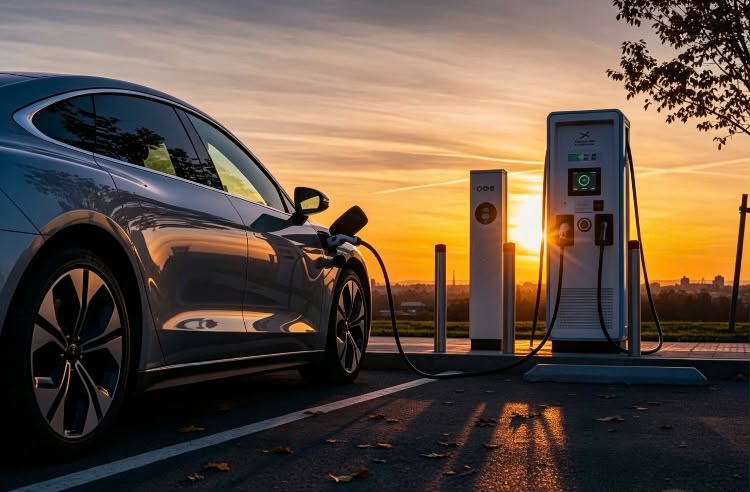 Electric car charging at sunset